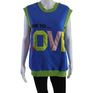 AZ Factory Womens Blue Multicolor Embroidered Crew Neck Sweater Vest Top SizeM/L